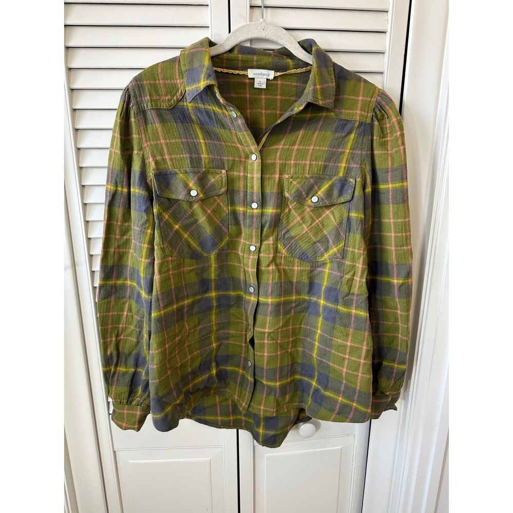 Sundance Womens Olive Green Pink Plaid Snap Front Western Flannel Shirt Large